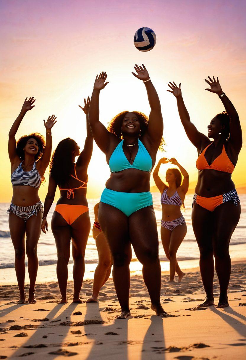 A diverse group of confident women of various body shapes and sizes joyfully enjoying a sunny beach day, wearing stylish bikinis and engaging in fun activities like playing beach volleyball and building sandcastles. The scene captures a vibrant sunset illuminating the beach with warm colors, symbolizing body positivity and self-acceptance. Focus on smiles, laughter, and body inclusivity. vibrant colors. super-realistic. energetic atmosphere.