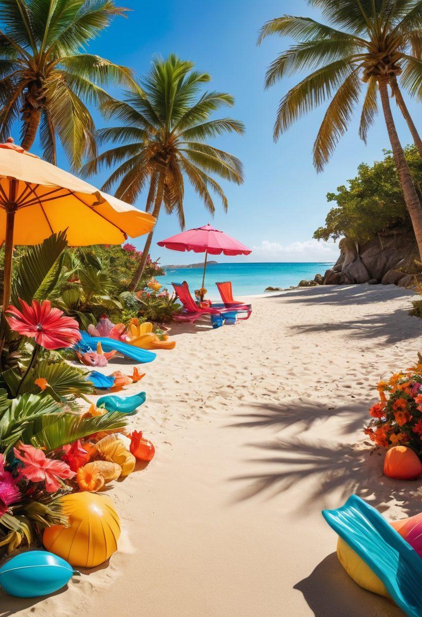 A vibrant beach scene featuring a diverse group of people in creative and whimsical swimwear that blends fantasy elements like mermaid tails and fairy wings. Tropical palm trees sway in the background under a bright sun, while colorful beach toys and playful accessories surround them. This lively setting captures the essence of summer fun with a stylish twist. Illustrative, bright colors, playful art style.